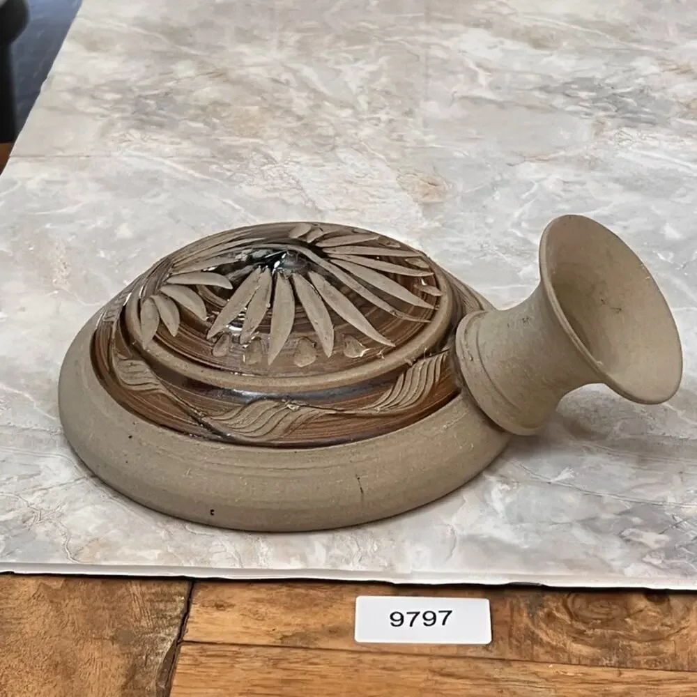 Sandstone Pottery Flat Water Vase Vessel Brown Signed